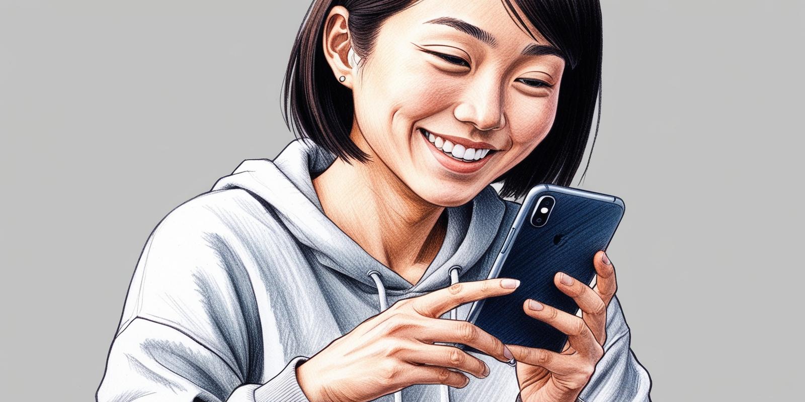 女性が笑顔でスマホを操作している