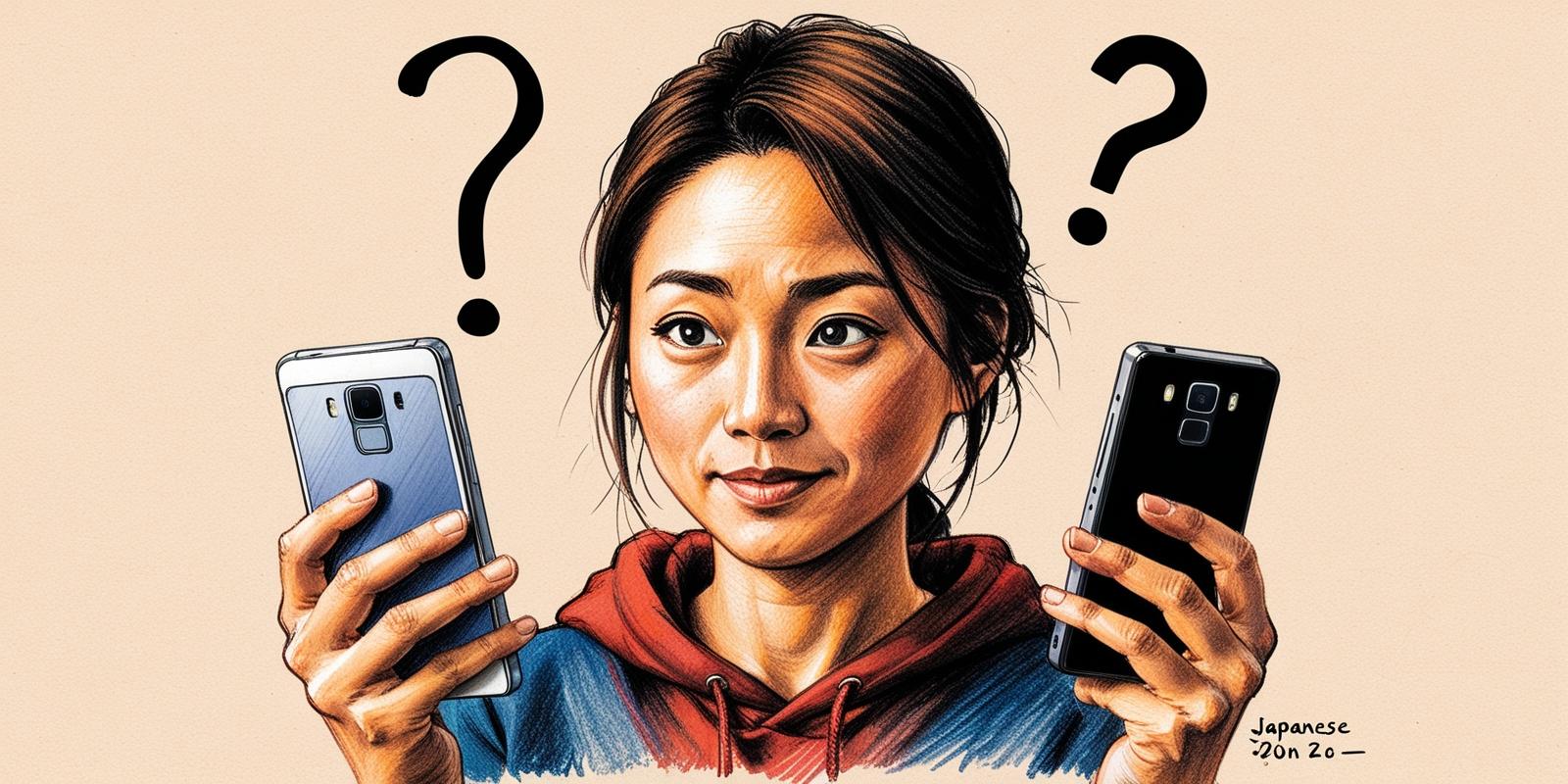 2台のスマホを両手で持ち悩んだ表情をしている女性