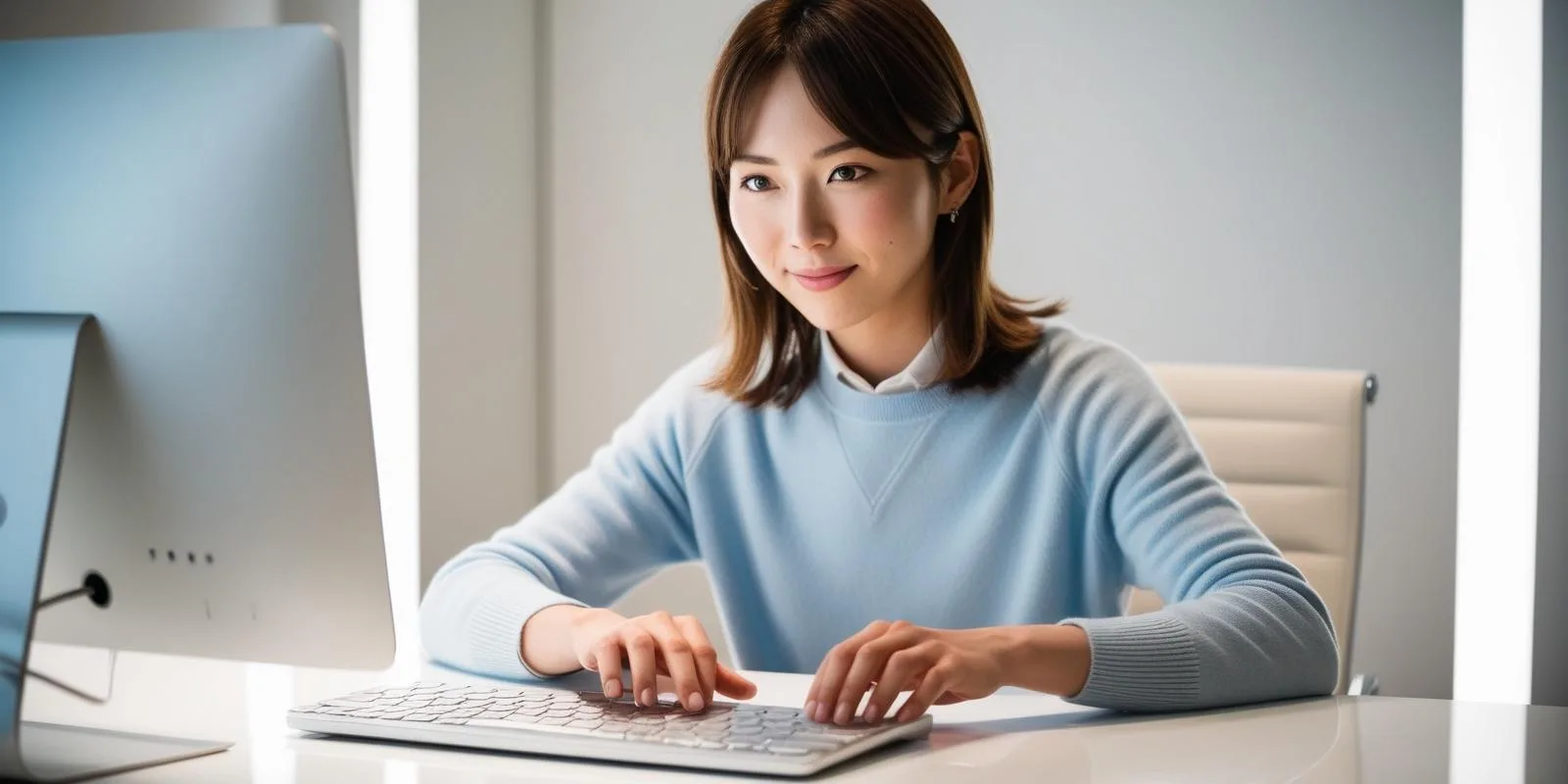 パソコンで作業している20代の日本人女性
