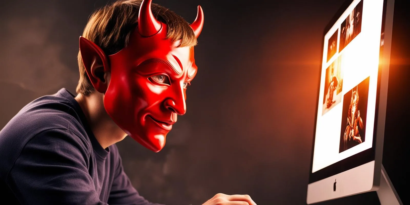 悪魔の仮面をつけた男性が情報漏洩した他人の写真を閲覧している
